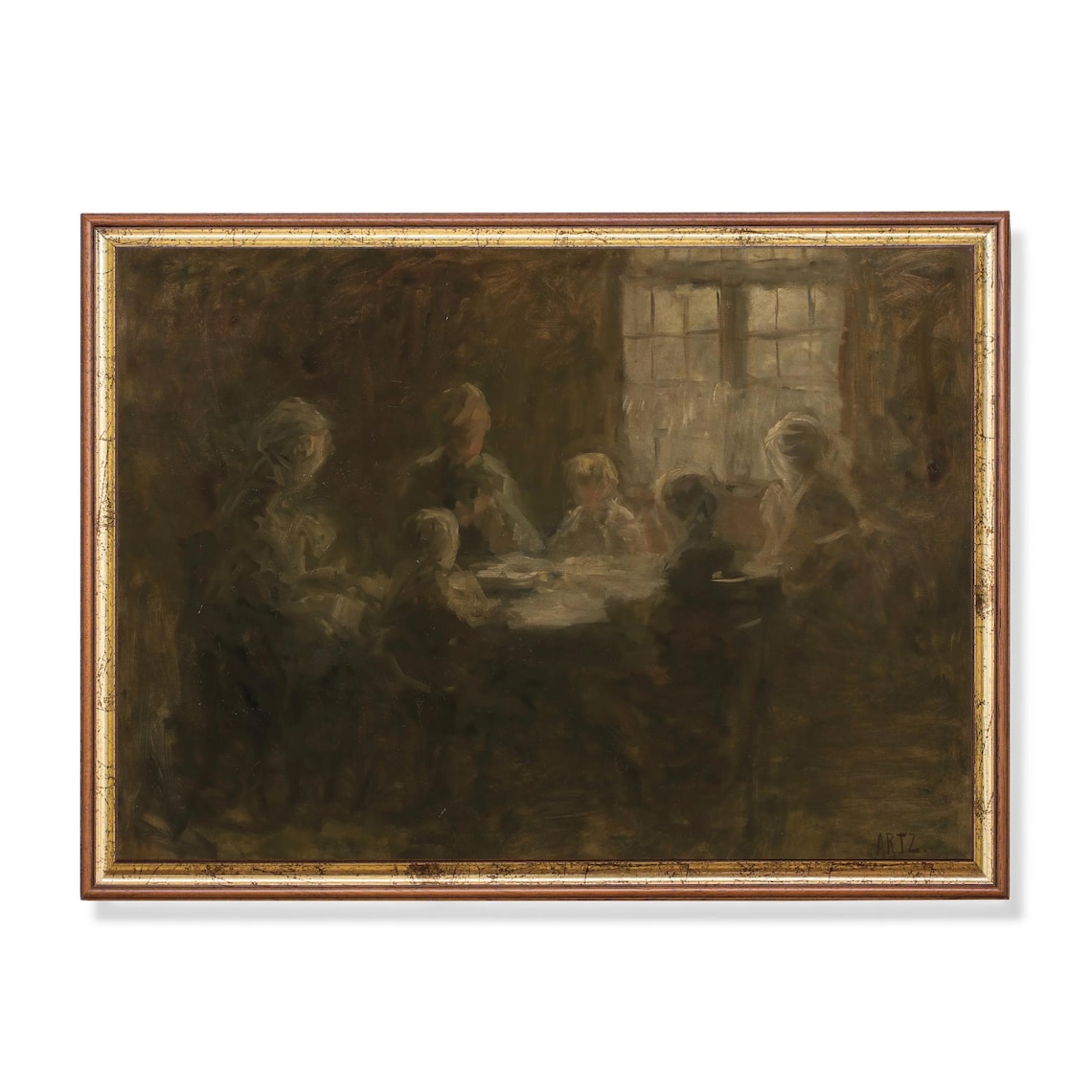 Devout Family Praying Together Moody Antique Figurative Oil Poster