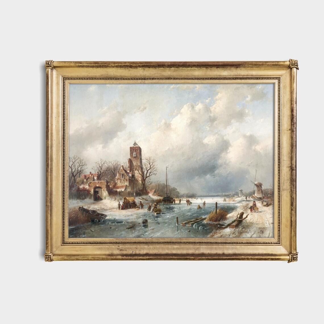 Dutch Church Windmills Frozen Canal Vintage Winter Art Poster - Image 4