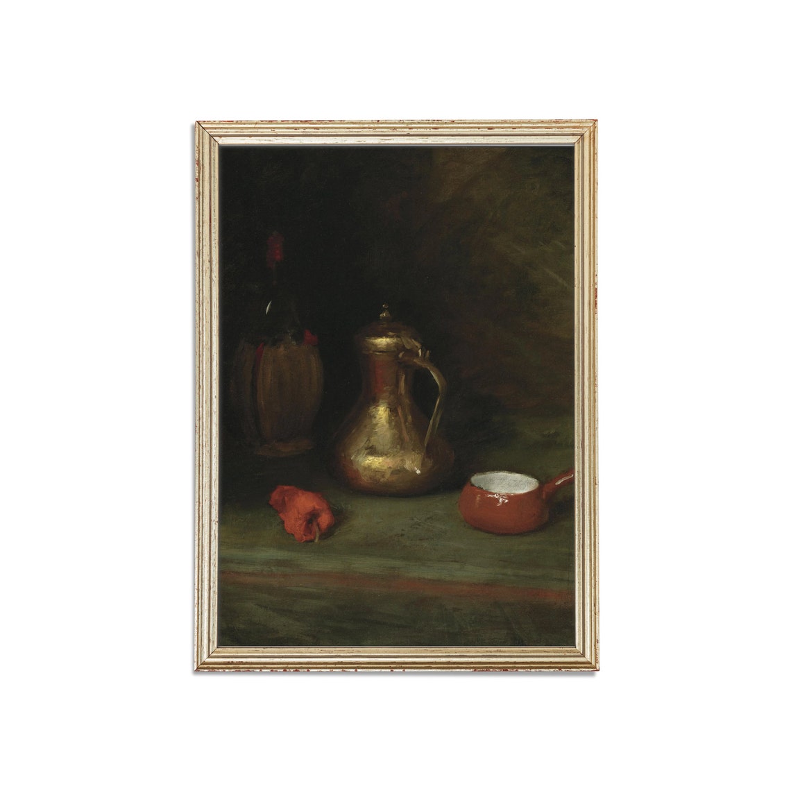 Copper Ewer and Red Bowl in a Dark Still Life Kitchen Painting Poster - Image 5