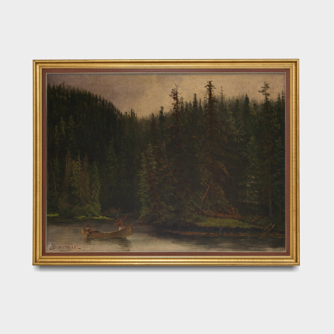 Bierstadt Canoe on a Forest Lake Beneath Tall Evergreens Poster - Image 3