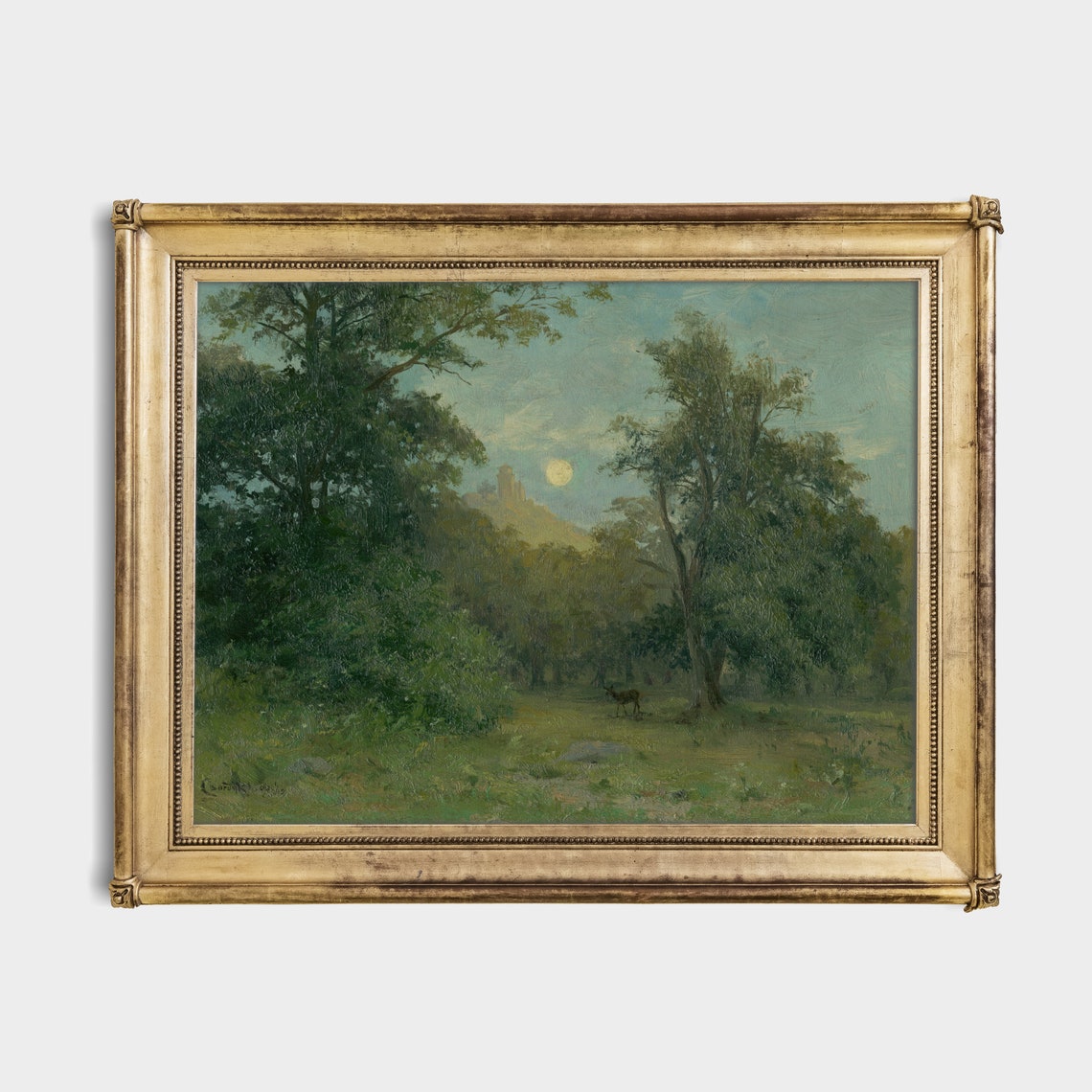 Vintage Moonlit Forest Glade Full Moon Deer Nocturnal Scene Poster - Image 2