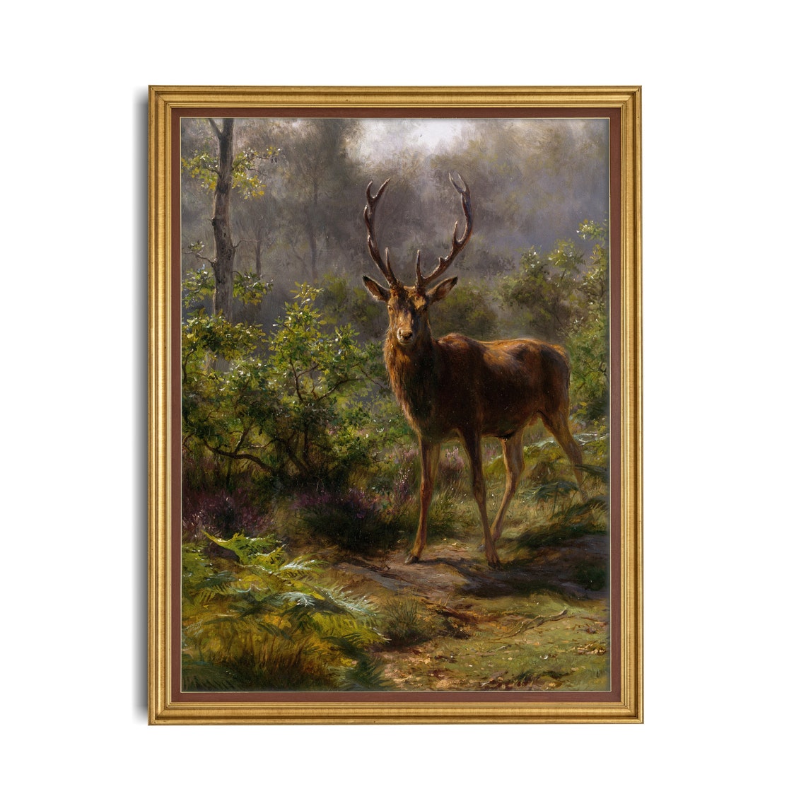 Red Deer Stag in a Forest Clearing Vintage Animal Painting Poster - Image 3