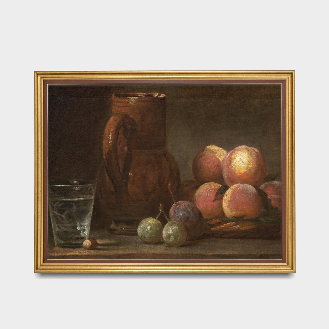 Dark Still Life with Earthenware Jug, Peaches and Plums Poster - Image 2