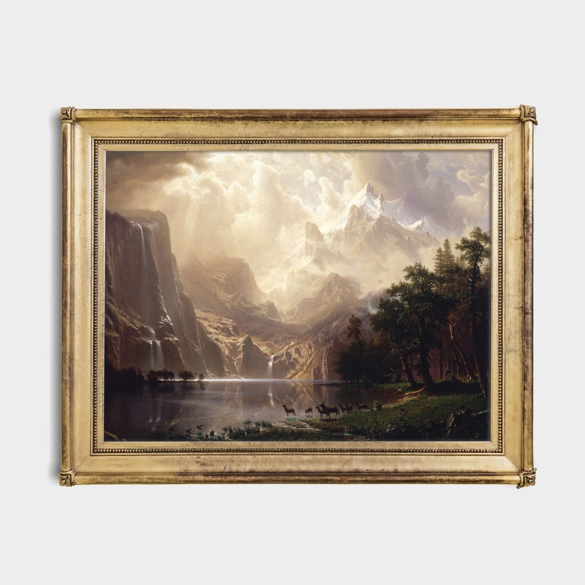 Antique Mountain Valley Waterfall with Deer at the Lake Poster - Image 2