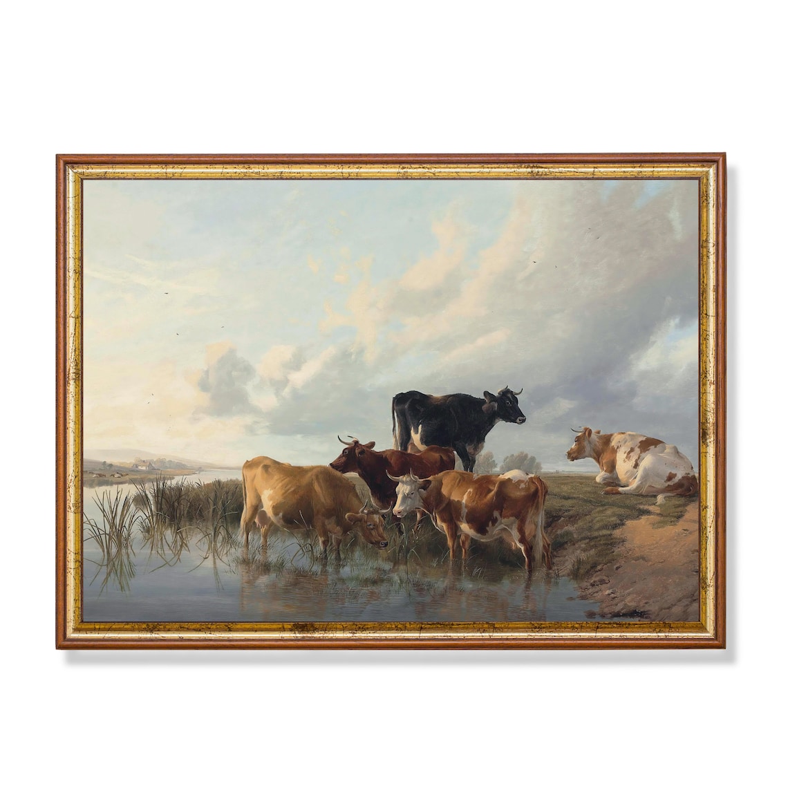 Cattle Watering at the Riverbank Antique Country Landscape Poster