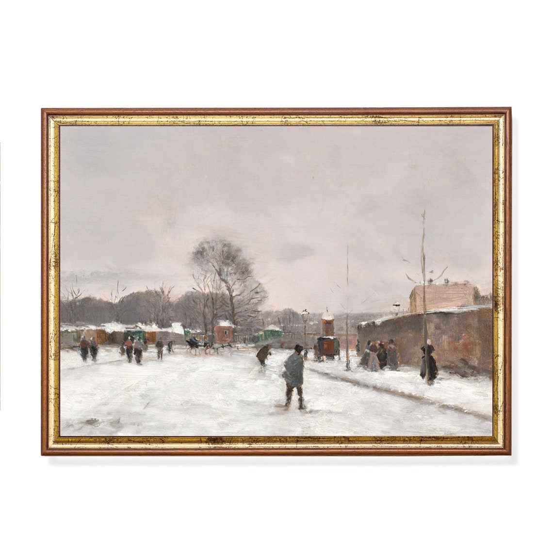 Snowy Town Street With Strolling Figures Vintage Winter Village Poster