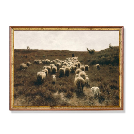 Mailed Print Vintage Landscape Painting Flock Of Sheep With Shepherd Antique Country Landscape Moody Art Print And Ship