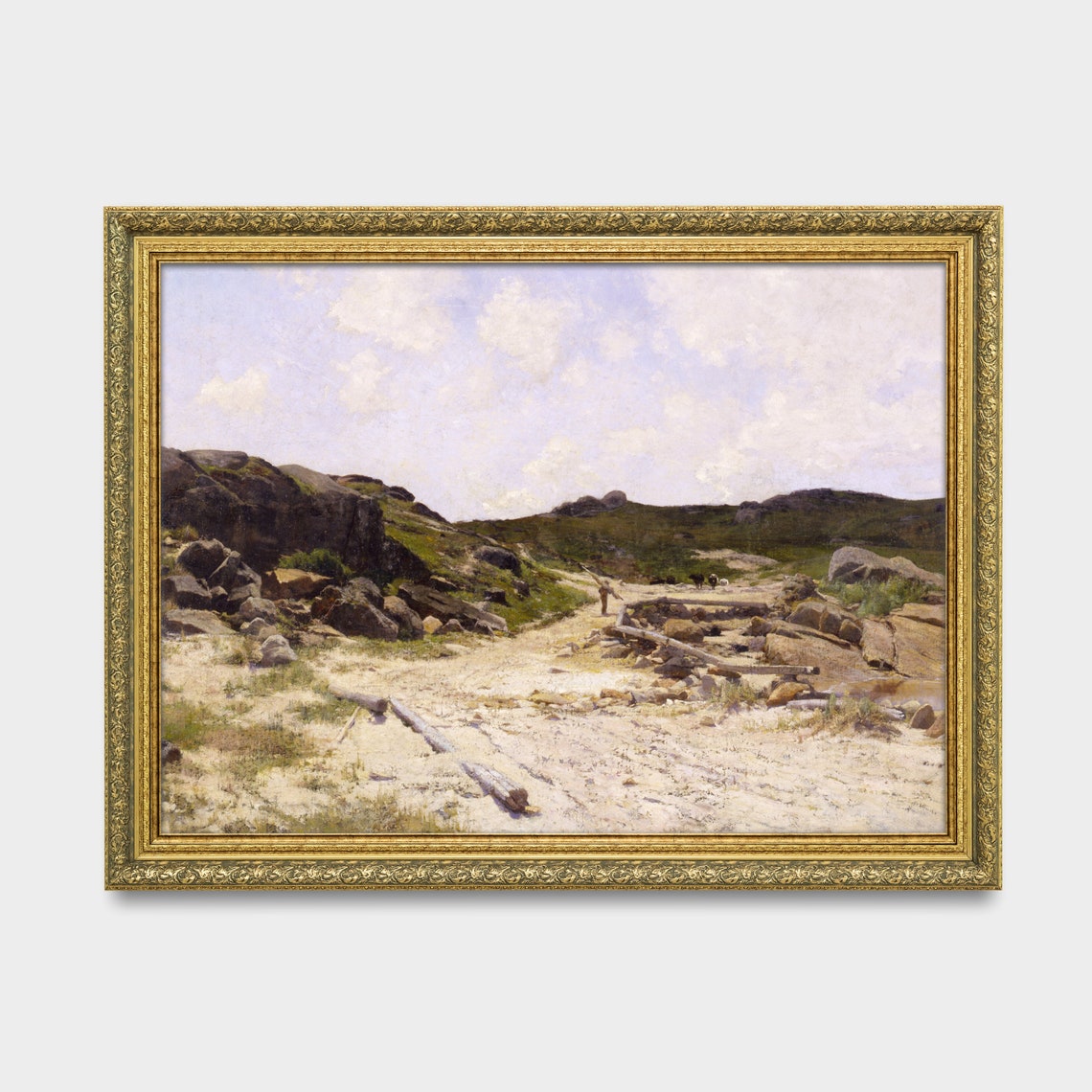Rocky River Crossing Hikers Antique Coastal Landscape Painting Poster - Image 2
