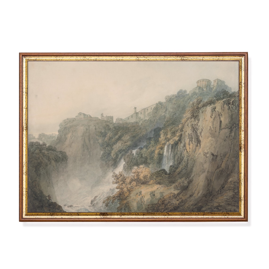 Watercolor of Cliffs and Waterfalls with Ruins on a Cliff Top Poster