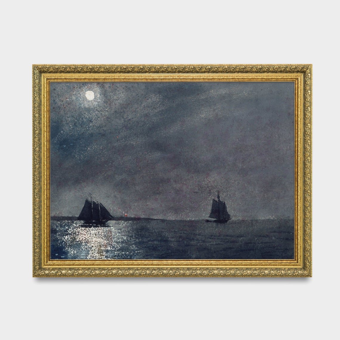 Vintage Moonlight Painting Sailing Ship Rustic Print Moody Antique Seascape Ocean Coastal Decor Wall Art - Image 3