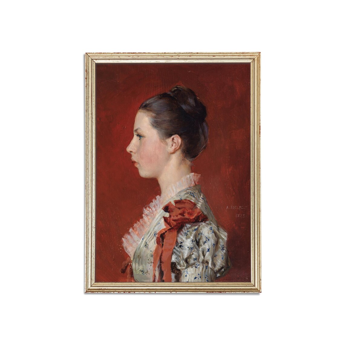 Elegant Victorian Woman Profile Portrait On Red Background Oil Poster - Image 3
