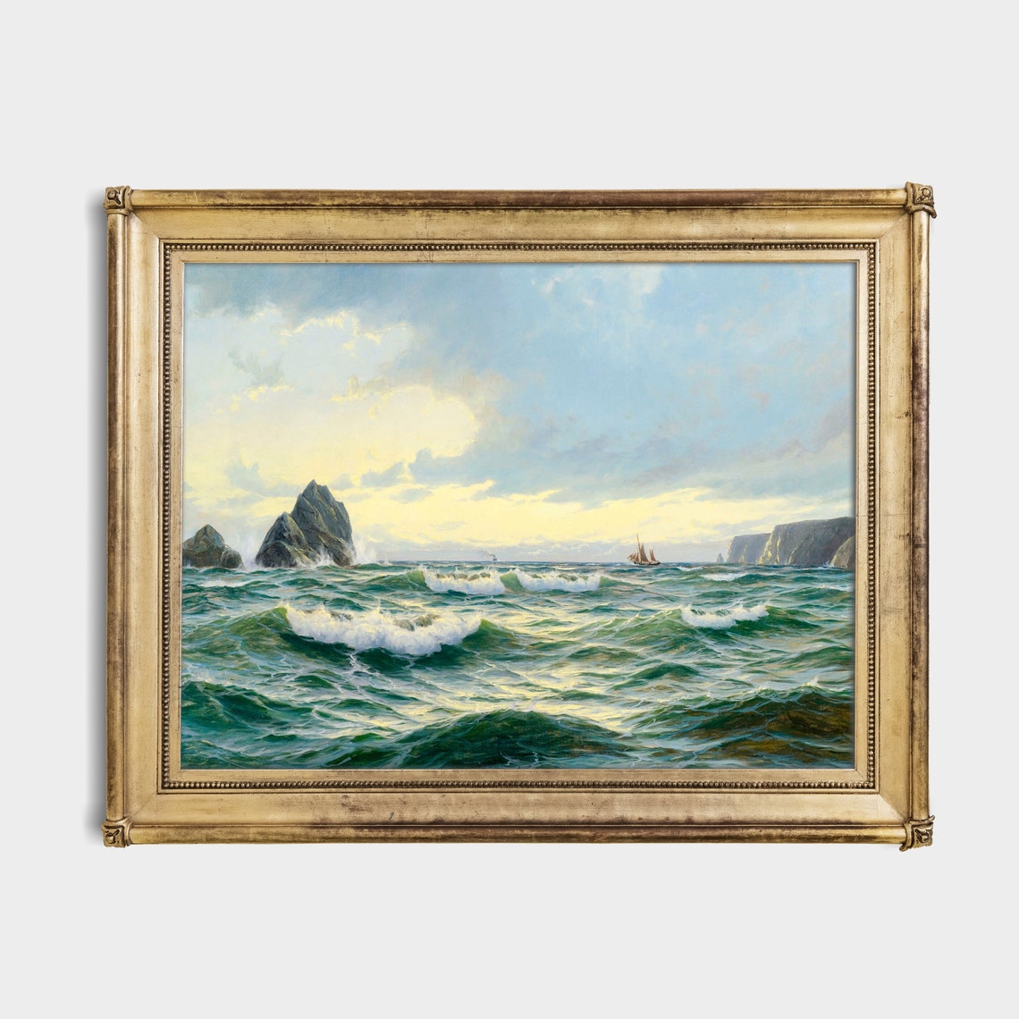 Rolling Ocean Waves Against Rocky Cliffs Vintage Seascape Poster - Image 2