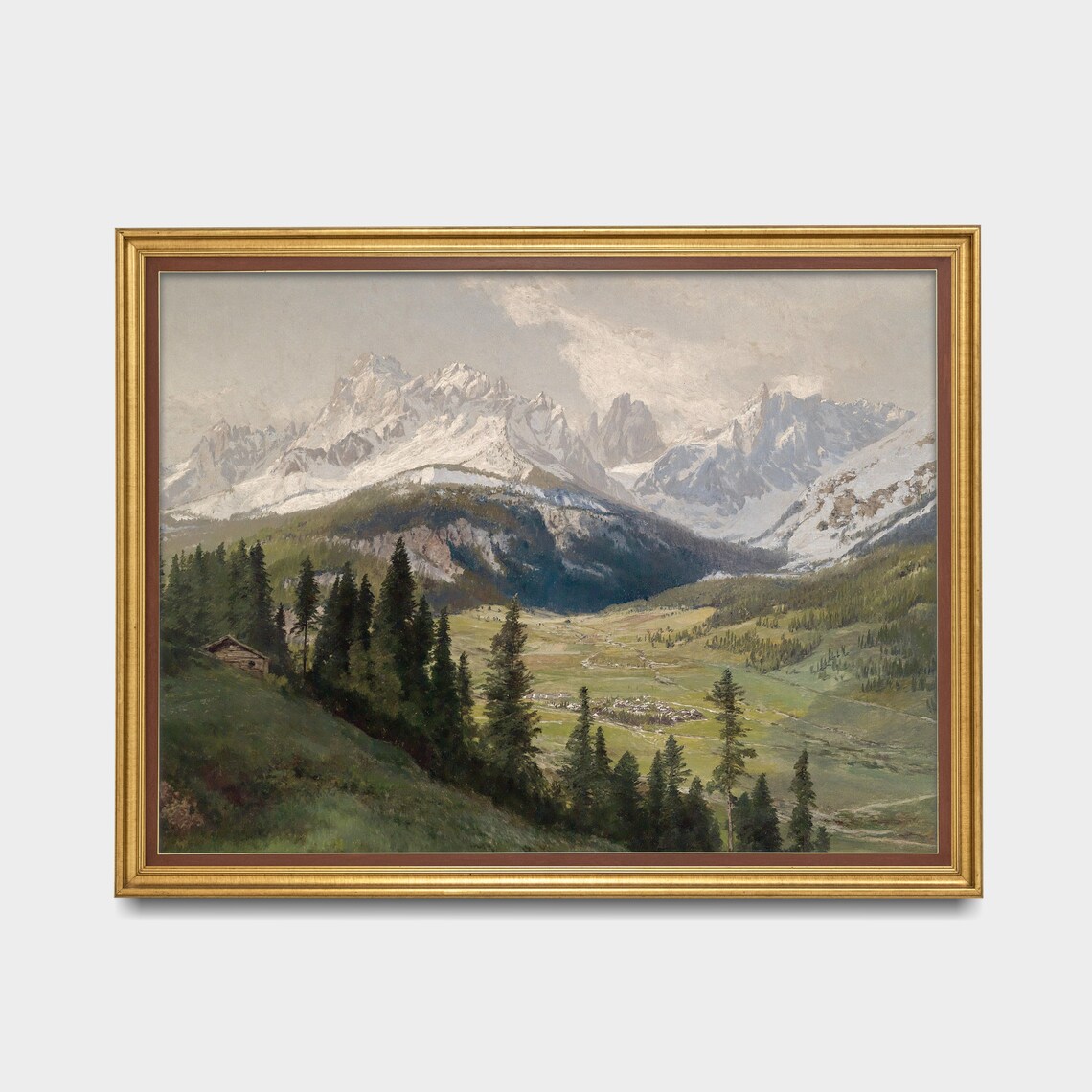 Snow-Capped Alpine Valley with Tall Pine Forest Vintage Nature Poster - Image 3