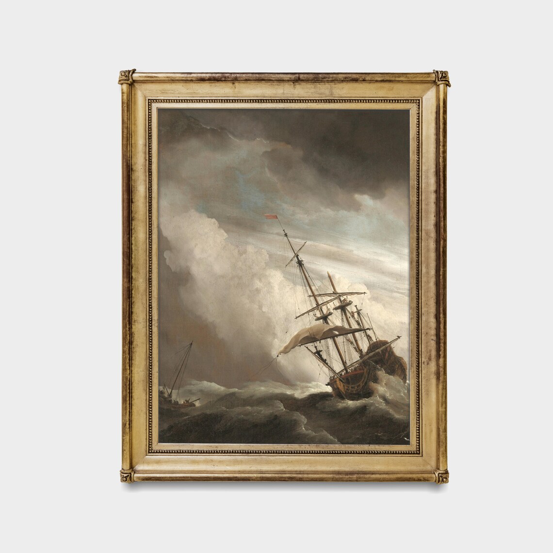 Tall Ship Tossed in a Stormy Sea Dramatic Marine Oil Painting Print - Image 4