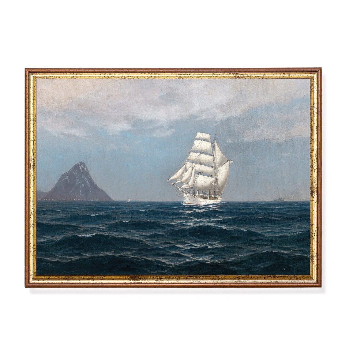 Tall Ship Under Full Sail Near a Volcanic Isle Vintage Sea Poster