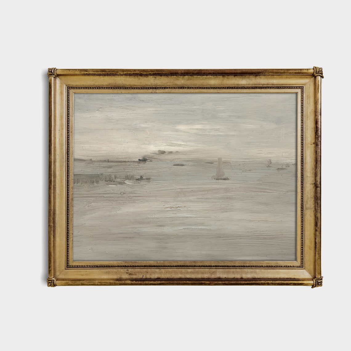 Minimal Gray Seascape With Distant Sailboats Moody Art Poster - Image 3