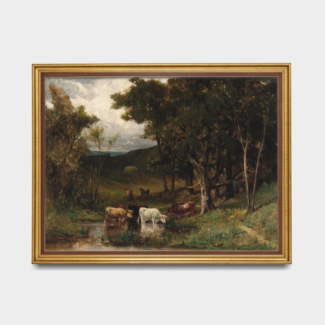 Mailed Print Landscape Painting Vintage Cows Print Antique Meadow Landscape Cattle Artwork Moody Rustic Art Printed And Shipped - Image 3