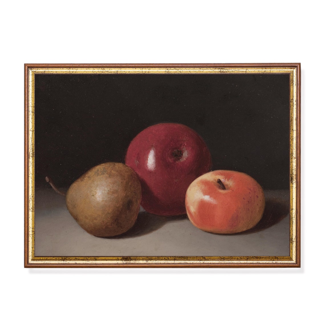 Two Apples and a Pear Resting on a Dark Moody Background Poster