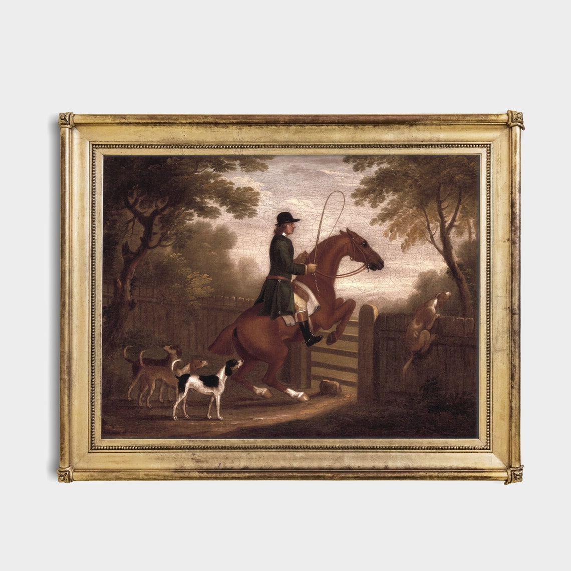 Huntsman Jumping Chestnut Horse Over Gate with Hounds Art Poster - Image 2