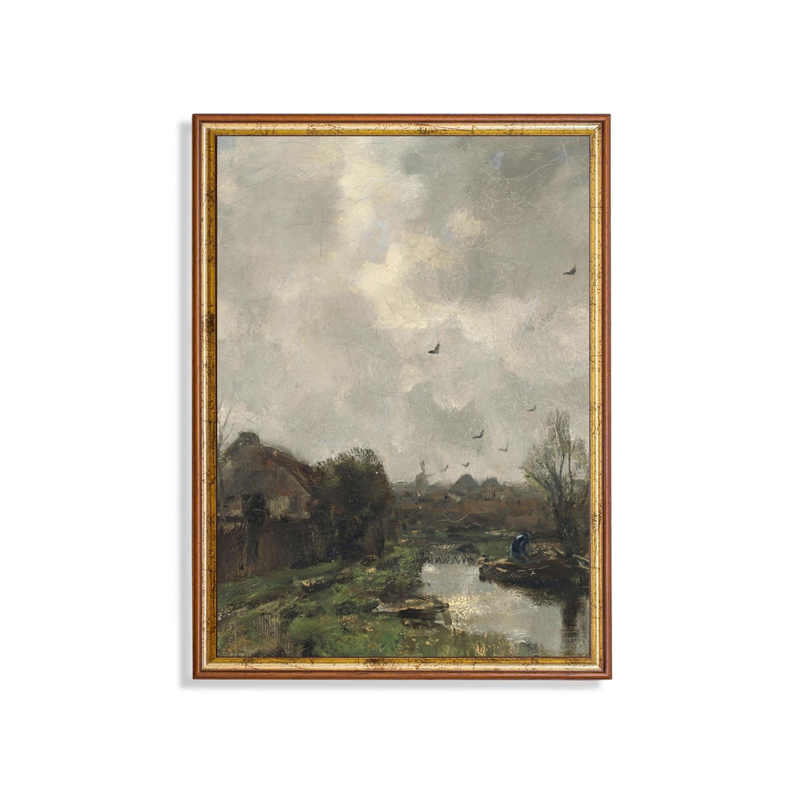 Moody Countryside Cottage Pond Oil Painting with Birds Poster