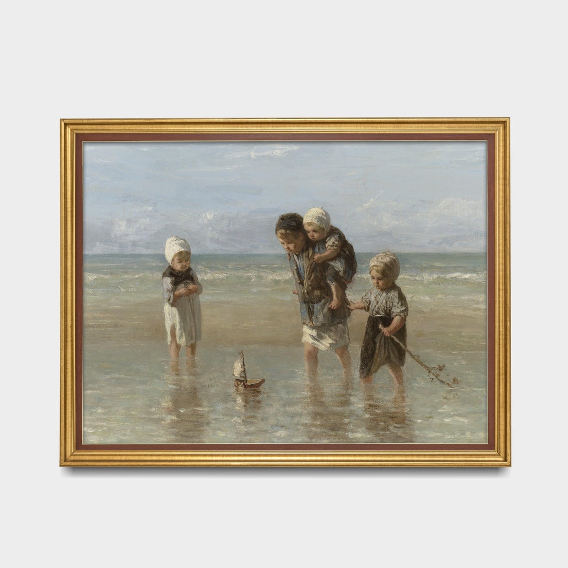 Children Playing with a Toy Sailboat at the Seashore Vintage Poster - Image 3