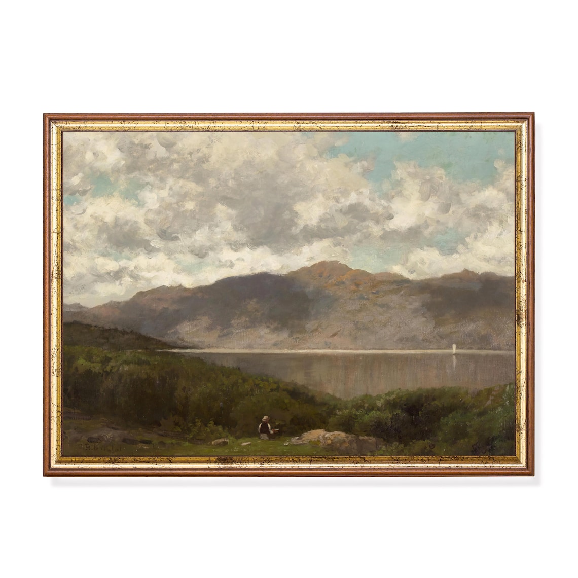 Vintage Calm Lake Mountains Green Shore Figure Oil Painting Poster
