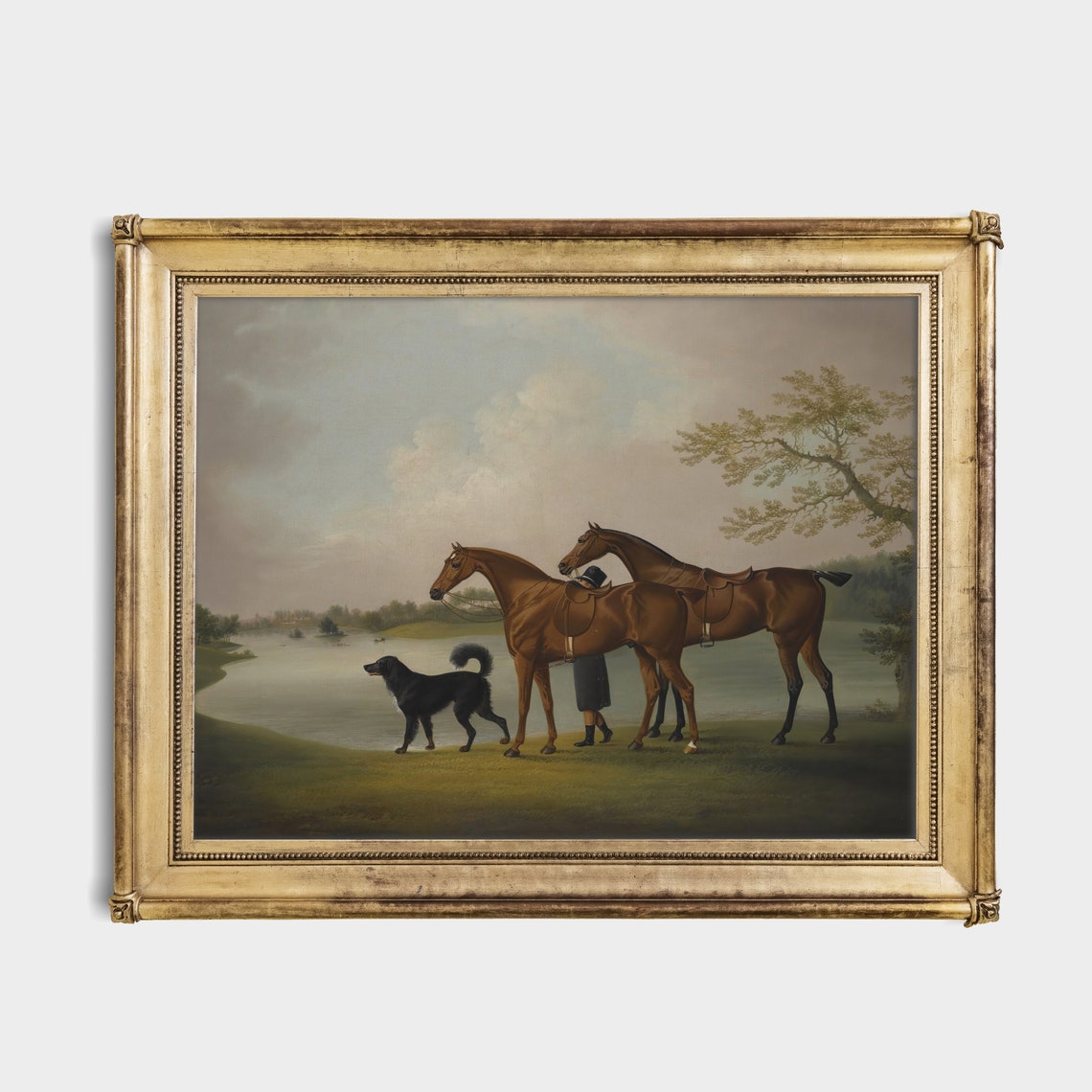 Two Bay Horses With a Black Dog by the Lake Vintage Sporting Poster - Image 2