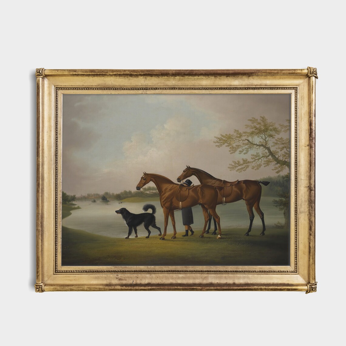 Two Horses Lake Black Dog Groom Antique Equestrian Scene Poster - Image 4