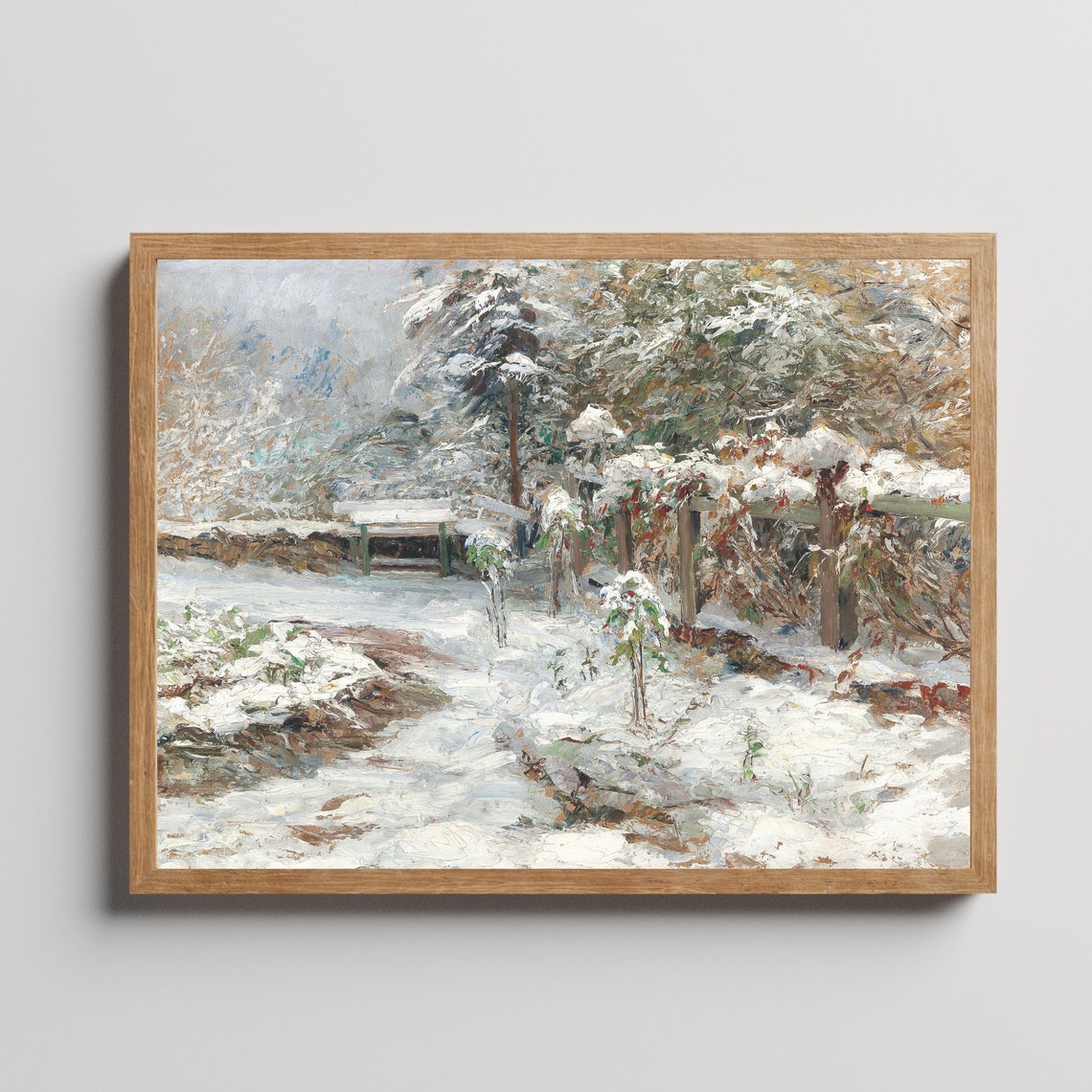 Snow-Covered Garden Fence and Pergola Fresh Winter Scene Poster - Image 2