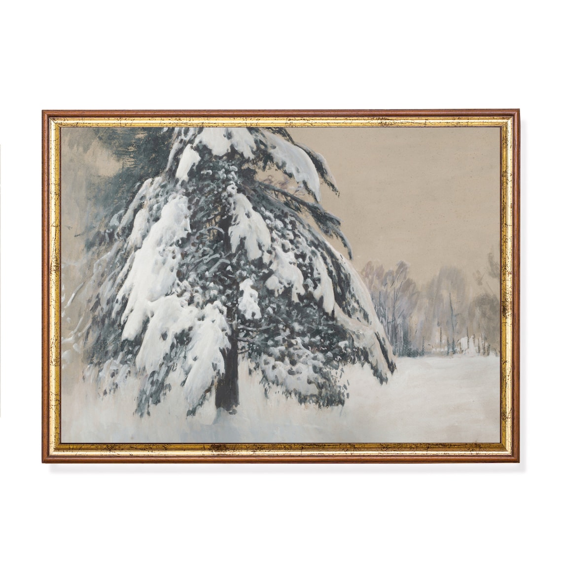 Snow-Laden Evergreen Tree Standing Alone in a Winter Field Poster