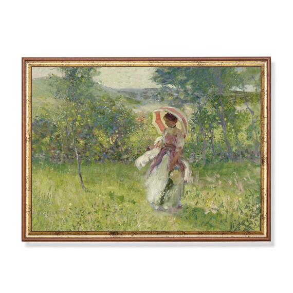 Woman with Red Parasol in Sunny Meadow Impressionist Painting Poster