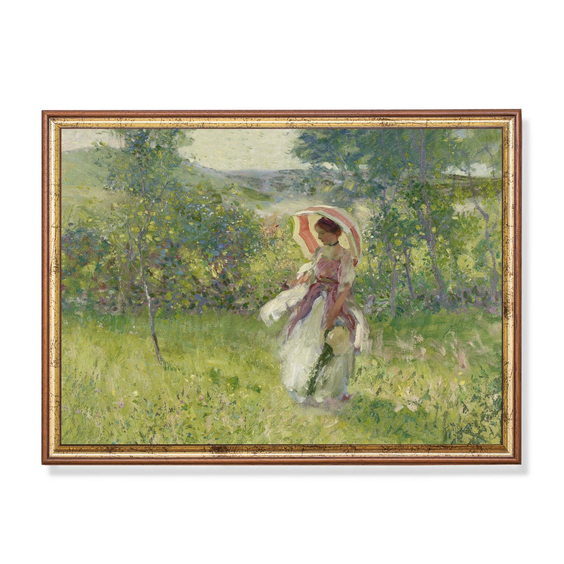 Woman with Red Parasol in Sunny Meadow Impressionist Painting Poster