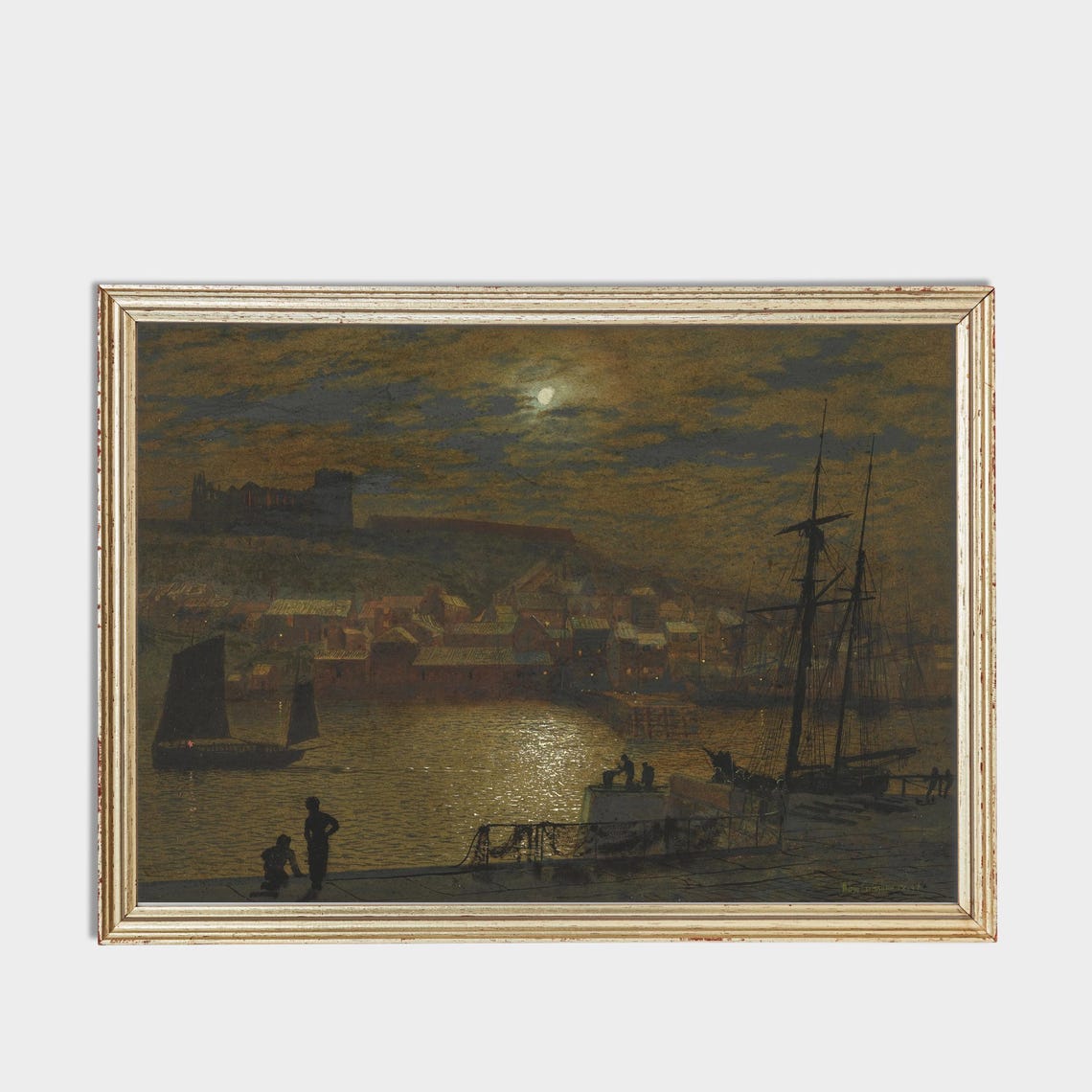 Moonlit Harbor With Abbey Ruins Atop the Cliff Vintage Poster - Image 3