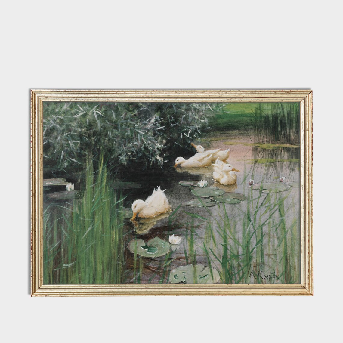 White Ducks in a Lily Pond Vintage Water Bird Painting Poster - Image 3