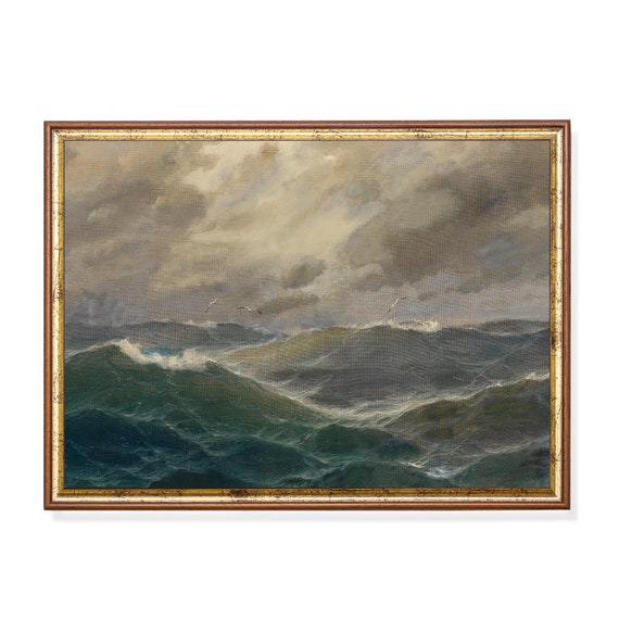 Vintage Seascape Painting Antique Ocean Beach Print Rustic Moody Art Coastal Decor Wall Art Fine Art