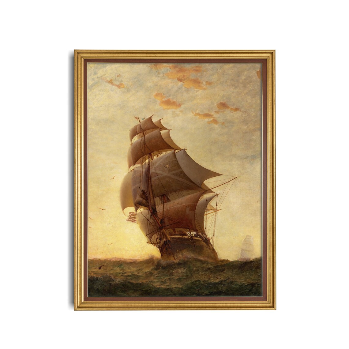 Tall Ship Under Full Sail at Sunset Vintage Maritime Seascape Poster - Image 3
