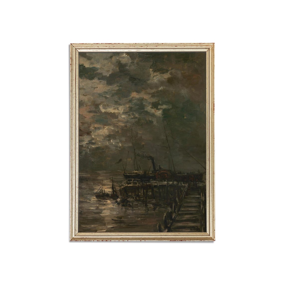 Moody Antique Harbor With Boats Under Dark Clouds Marine Poster - Image 3