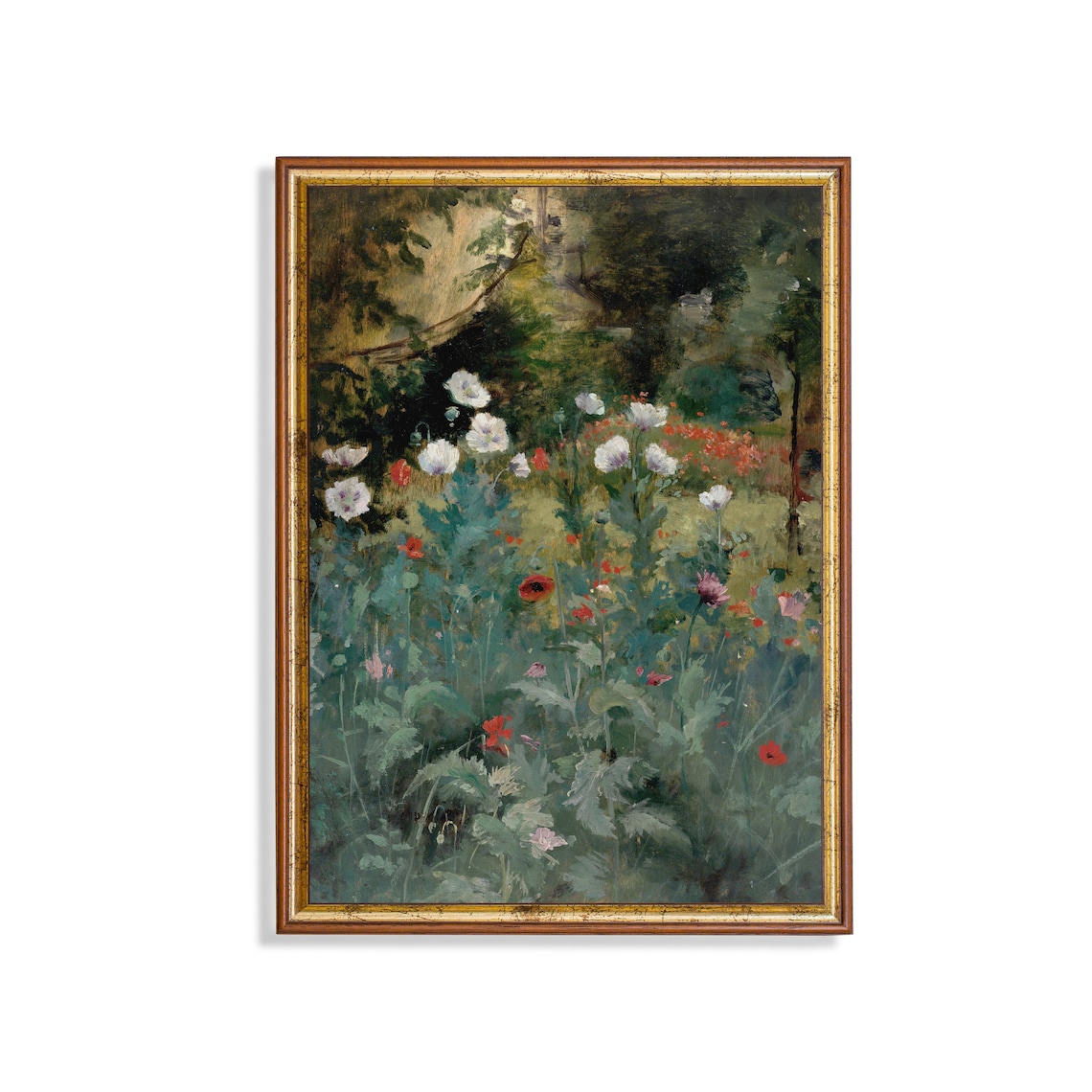 Vintage Landscape Painting, Antique Flower Meadow Poppies