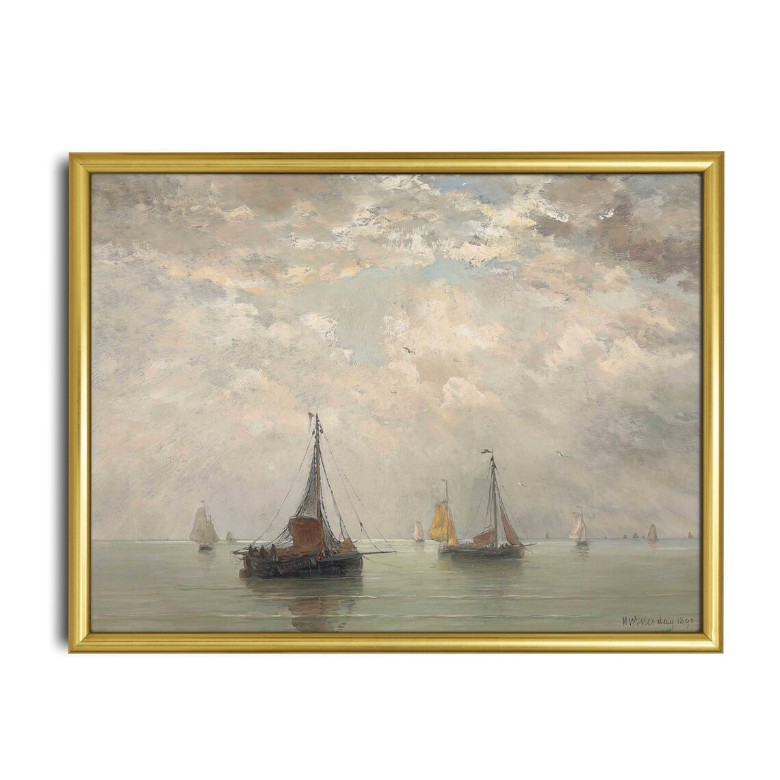 Morning Sailboats on a Hazy Sea Vintage Dutch Seascape Painting Poster - Image 3