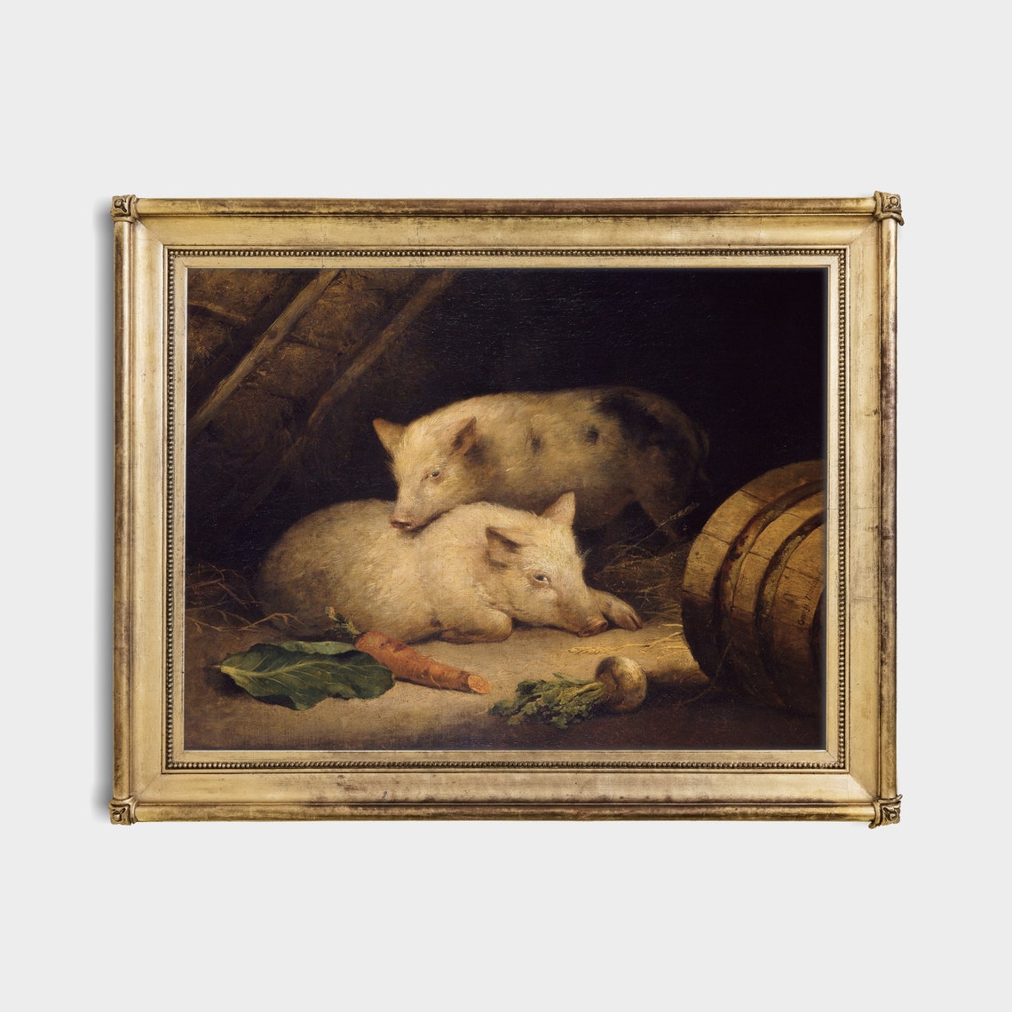 Two Piglets Resting in a Barn With Carrots Vintage Farm Poster