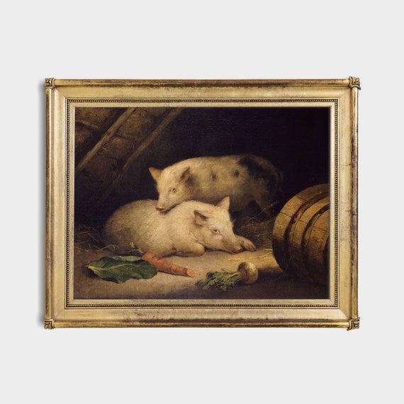 Printed And Shipped Vintage Pigs Painting Antique Animal Print Moody Rustic Art Animal Lover Gift Fine Art Physical Prints