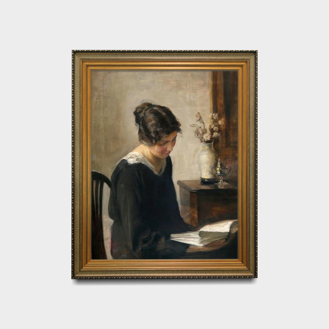 Woman Reading by a Window in a Danish Interior Vintage Oil Poster - Image 2