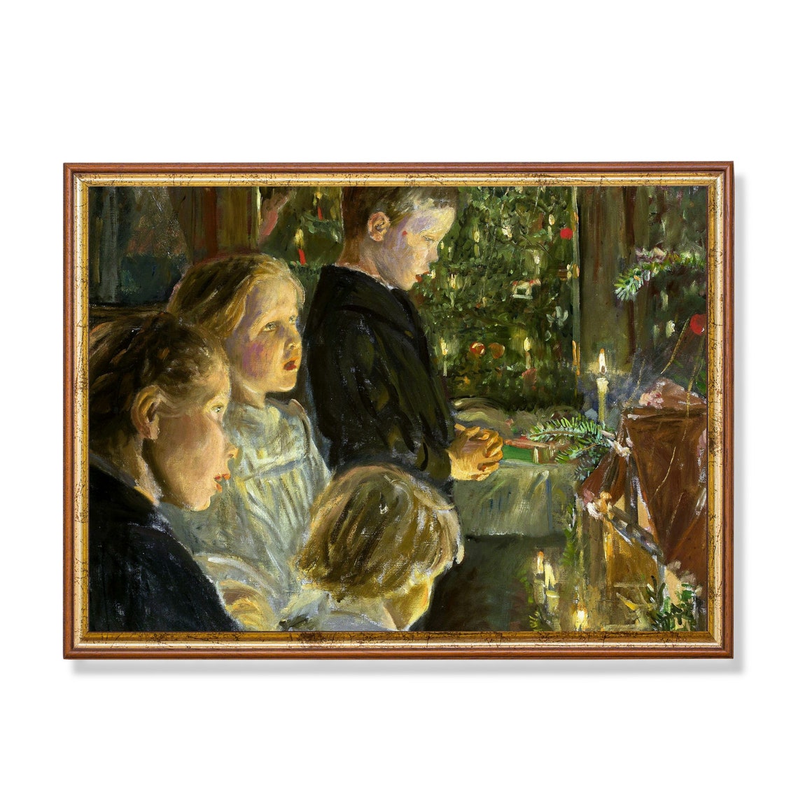 Four Children Gathered Around a Candlelit Christmas Tree Poster