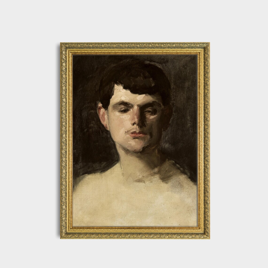 Brooding Young Man in Dark Antique Oil Painting Portrait Poster - Image 3