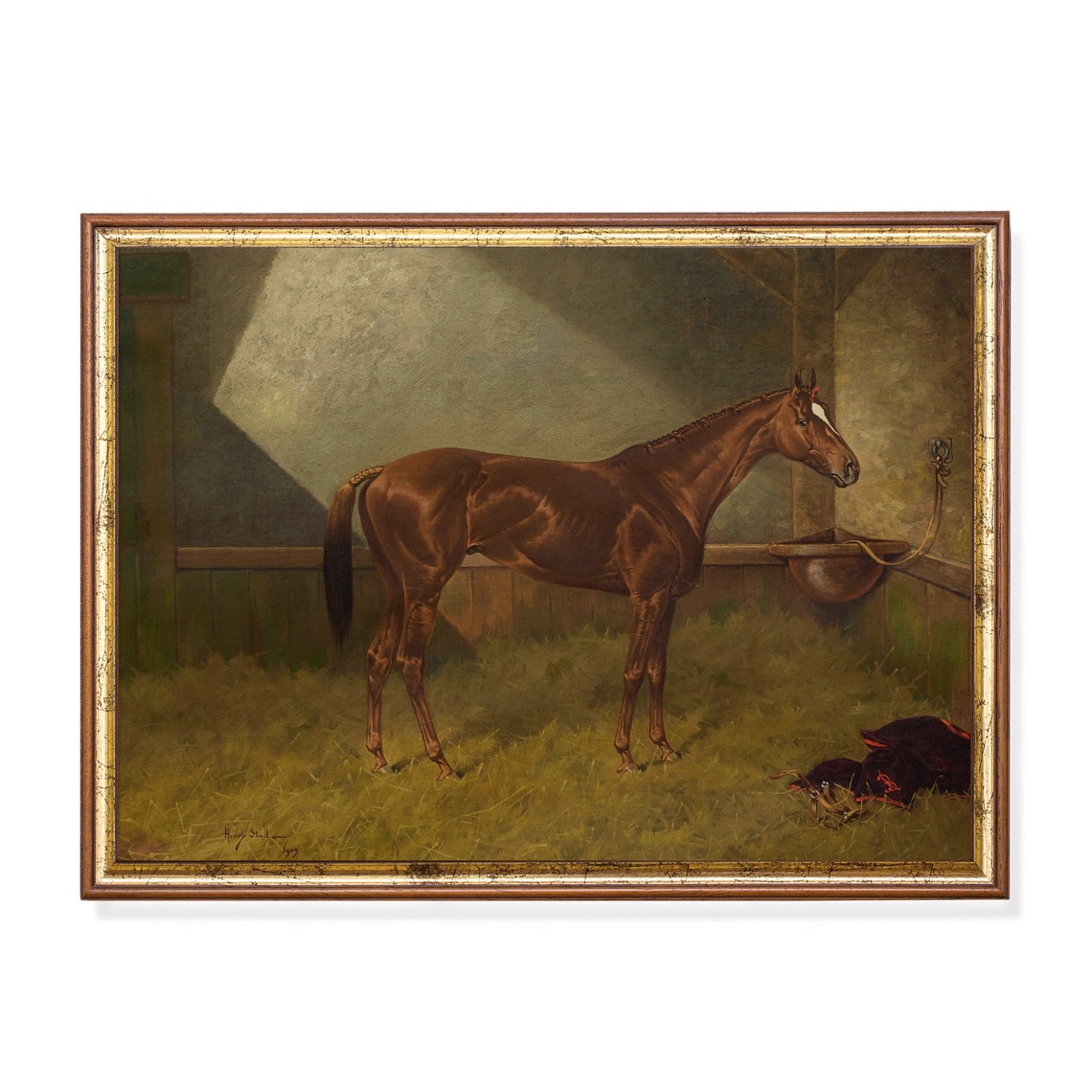 Chestnut Racehorse Standing in a Straw-Filled Sunlit Stable Poster