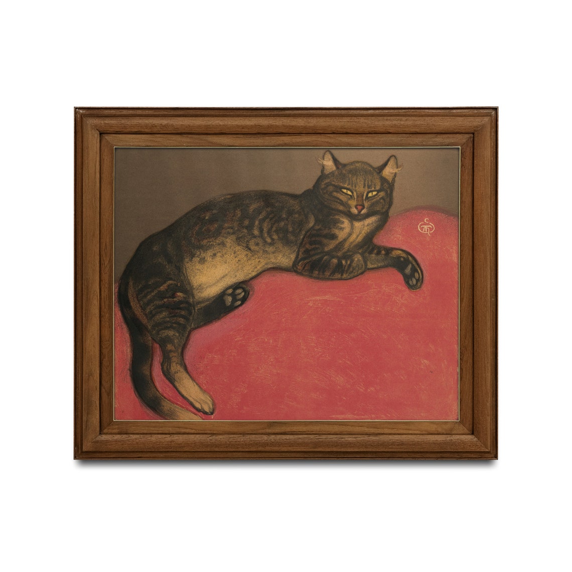 Tabby Cat Lounging on Red Cushion Vintage Pet Portrait Poster - Image 2