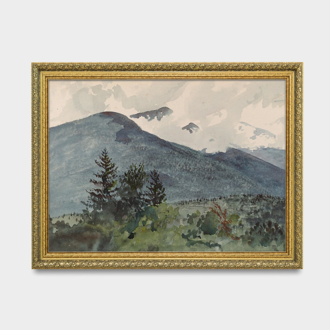 Blue Mountain Peak Rising Above Pine Forest Antique Watercolor Poster - Image 2