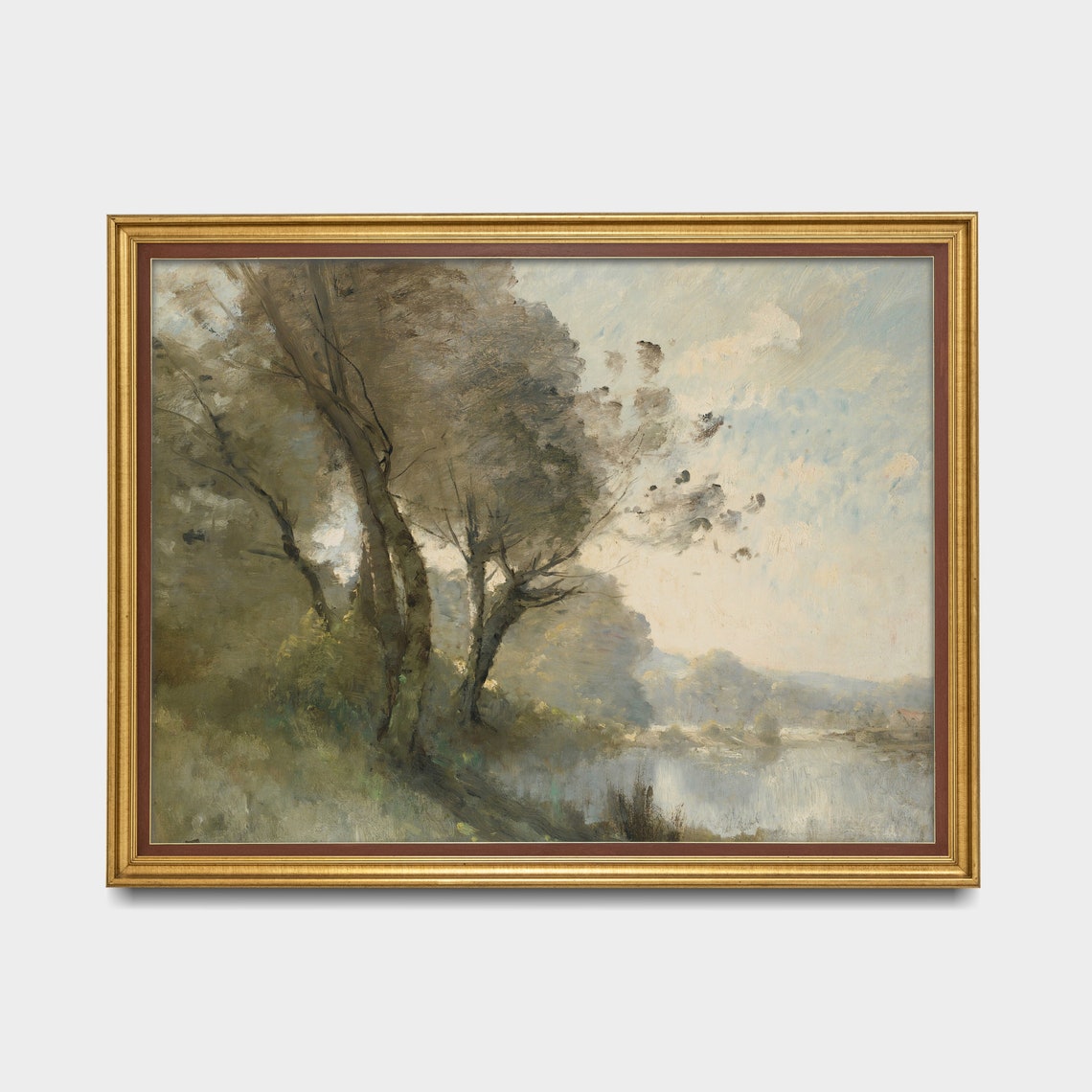 Misty Riverside Trees in Soft Gray and Green Vintage Landscape Poster - Image 3