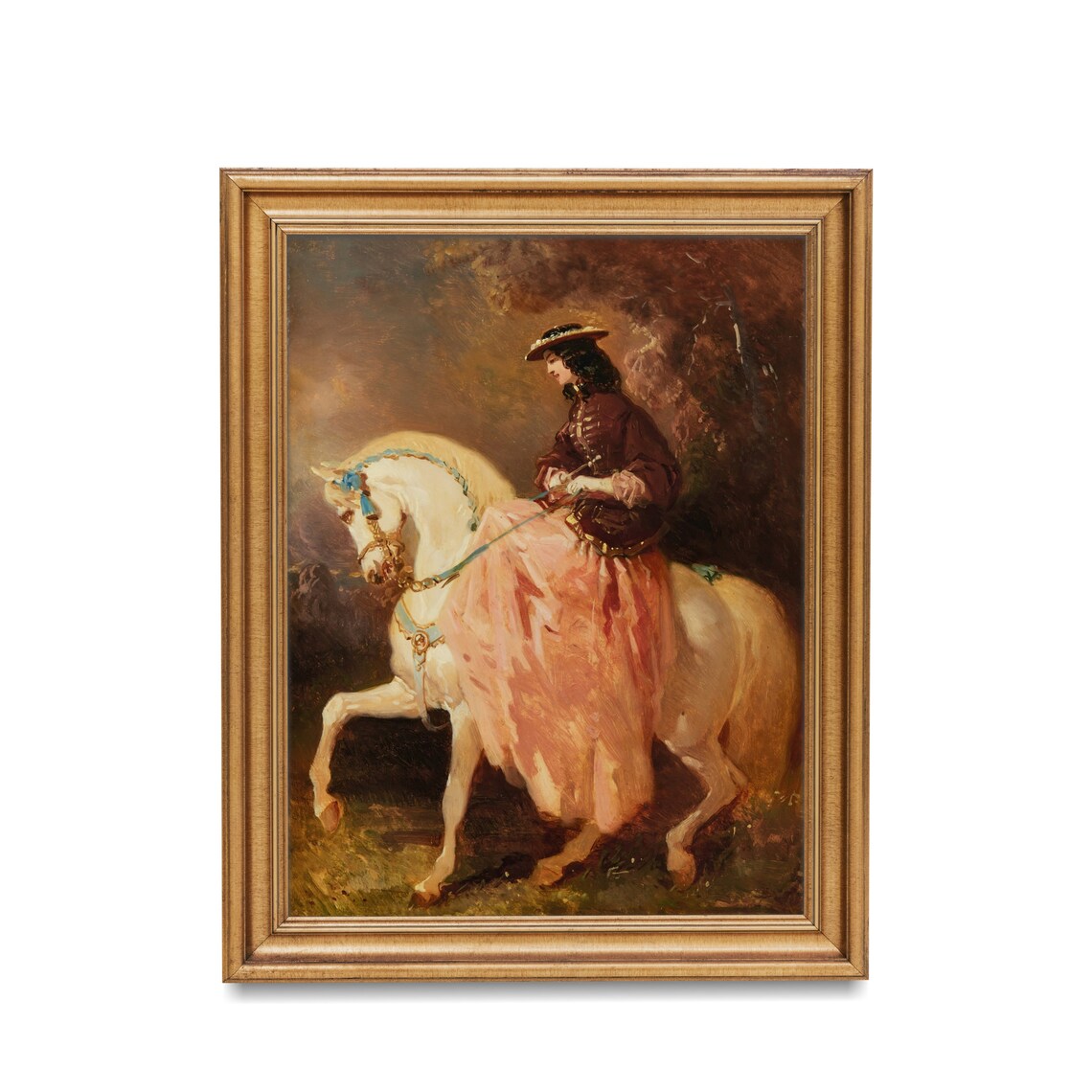 Elegant Lady On A Prancing White Horse In Pink Gown Vintage Poster - Image 2