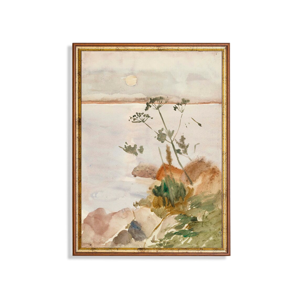 Moonlit Rocky Seashore With Wild Plants Vintage Coastal Poster